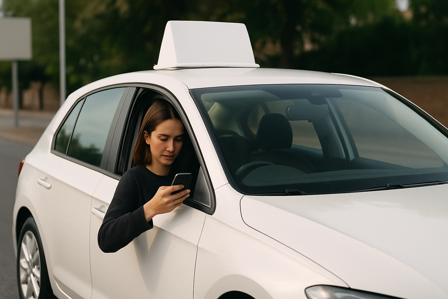 Young person in a white car with a roof sign, leaning out the window while using a smartphone on a sunlit street