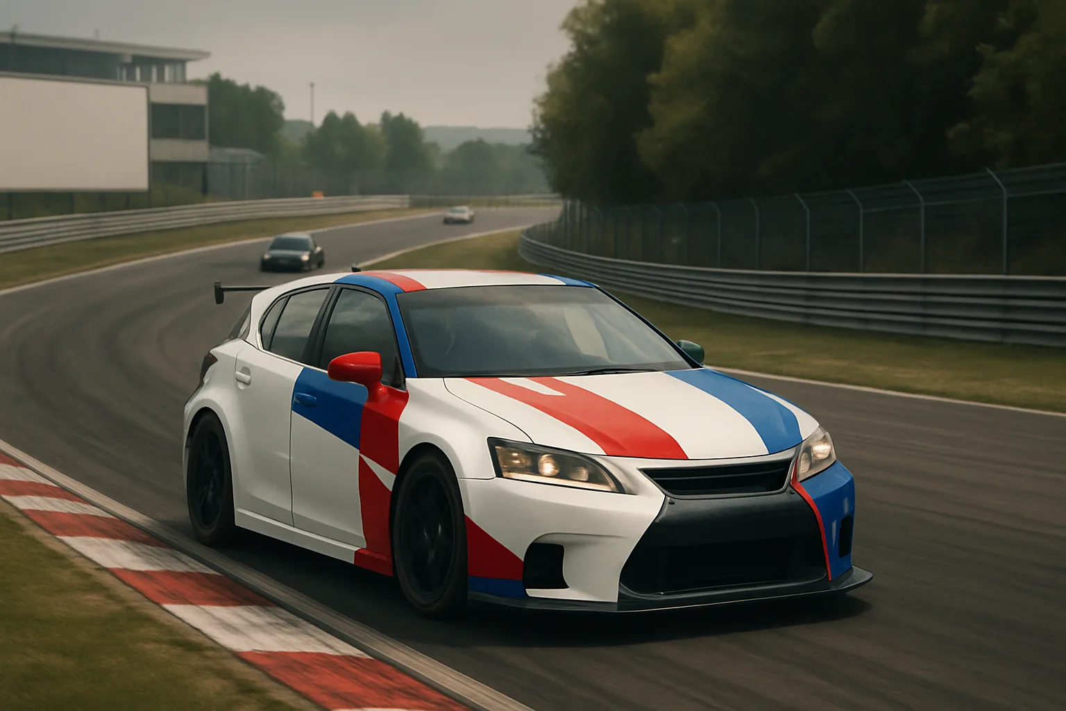 A sleek white sports hatchback with bold red and blue stripes speeds around a curving racetrack under overcast skies
