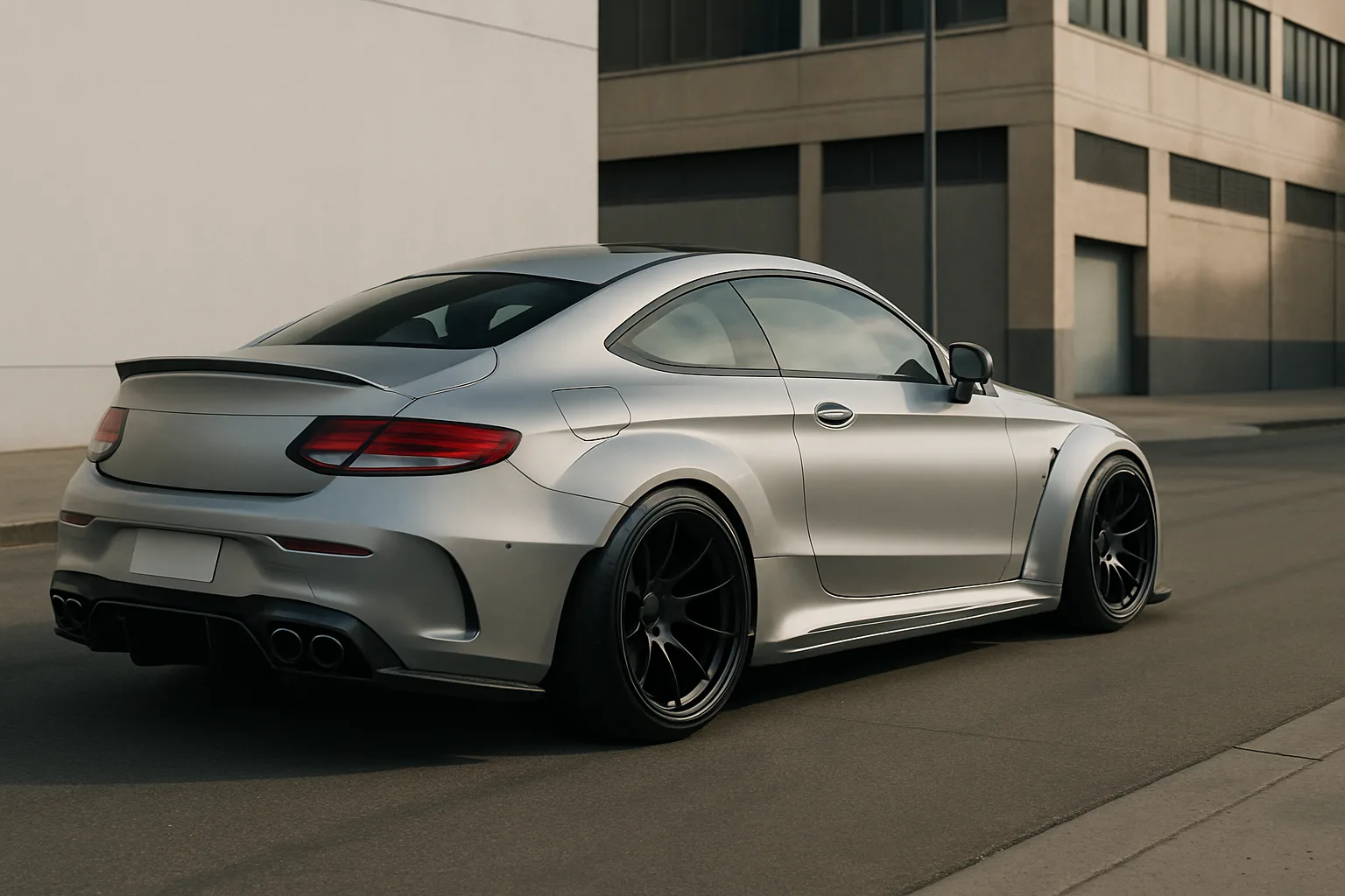 Sleek silver coupe with flared wheel arches, large black wheels and low profile, parked on an empty urban street in soft light