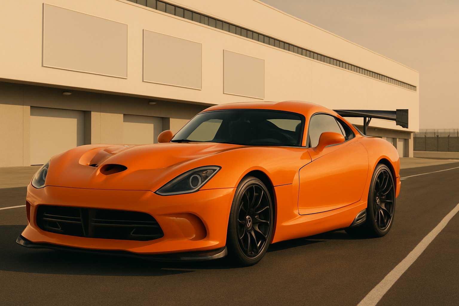 Low-slung, bright orange sports car with a large rear wing parked on an empty asphalt surface beside modern buildings