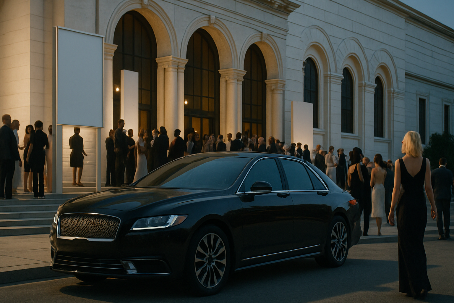 Sleek black sedan gleaming under evening light as elegantly dressed people gather outside a grand arched building