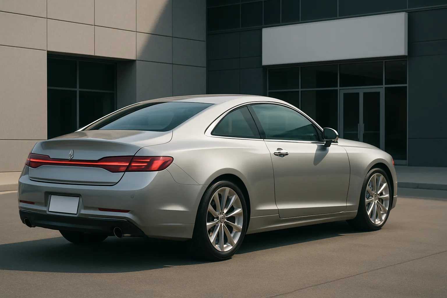 A sleek silver coupe with slim taillights and large alloy wheels parked on smooth pavement beside a modern building