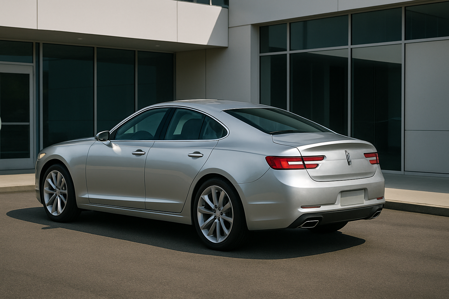 A sleek silver coupe with smooth contours and narrow rear lights parked on a sunlit concrete driveway beside a modern building