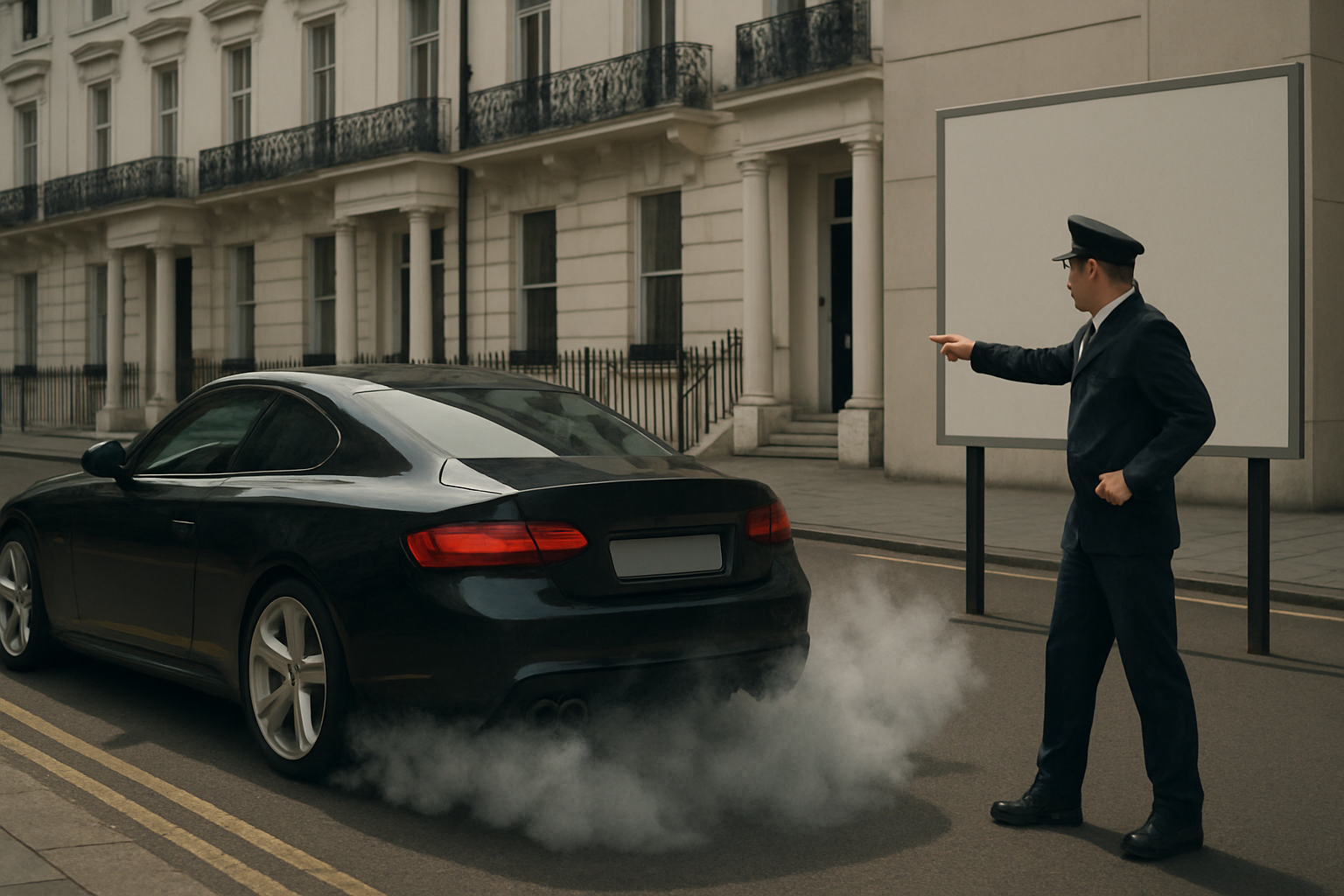 A uniformed man gestures at a dark car emitting exhaust on a quiet city street with white buildings and a blank billboard