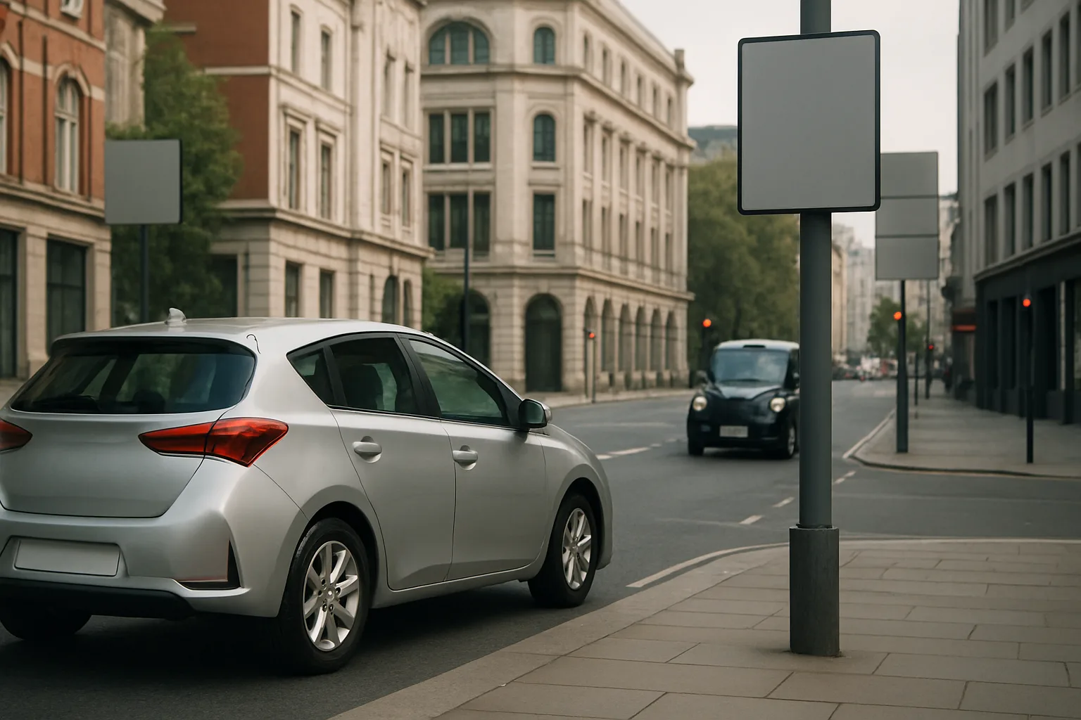 A silver hatchback and a black taxi on a quiet city street lined with stone buildings and blank street signs