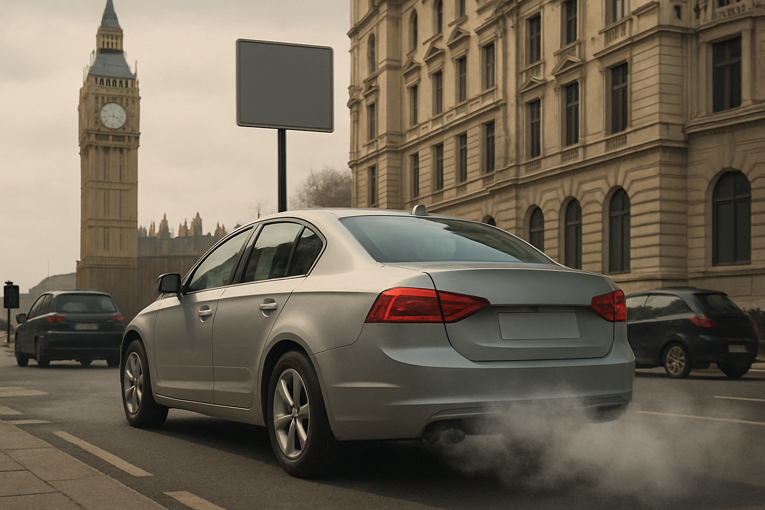A grey car emits exhaust on a city street near ornate stone buildings and a blank road sign under an overcast sky