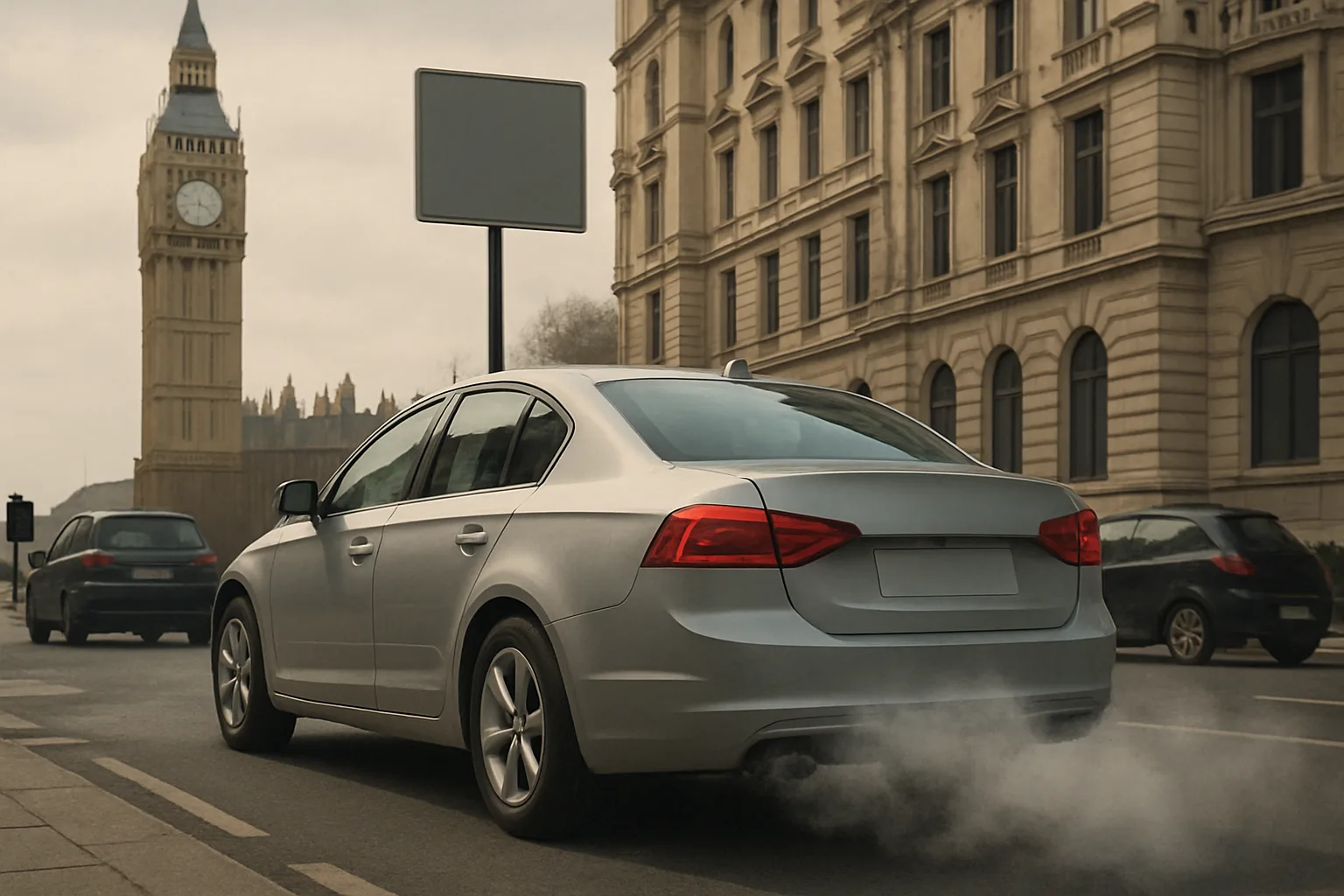 A grey car emits exhaust on a city street near ornate stone buildings and a blank road sign under an overcast sky