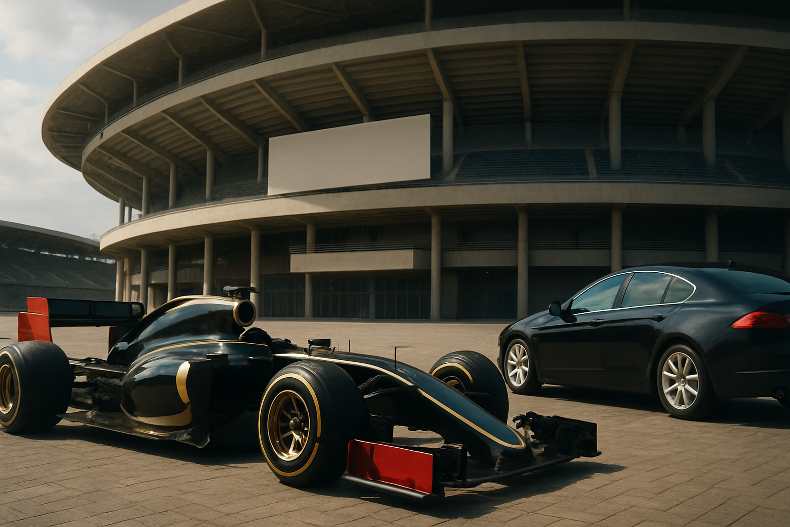 Sleek black open-wheel race car and glossy black sedan parked on sunlit pavement before a large modern stadium