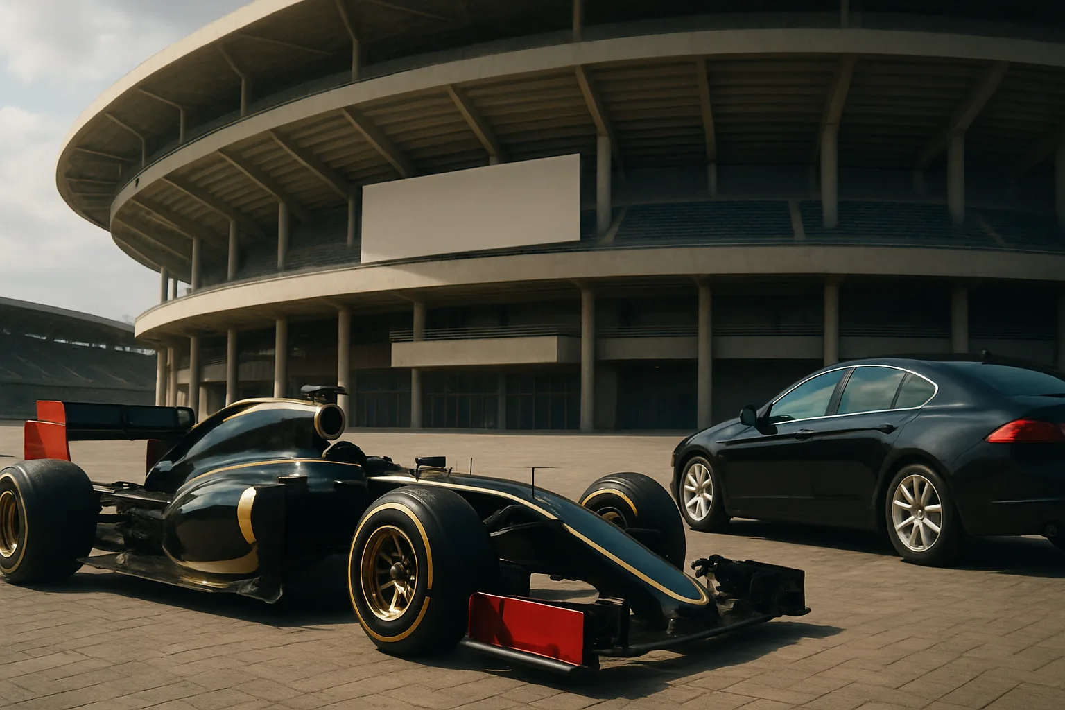 Sleek black open-wheel race car and glossy black sedan parked on sunlit pavement before a large modern stadium
