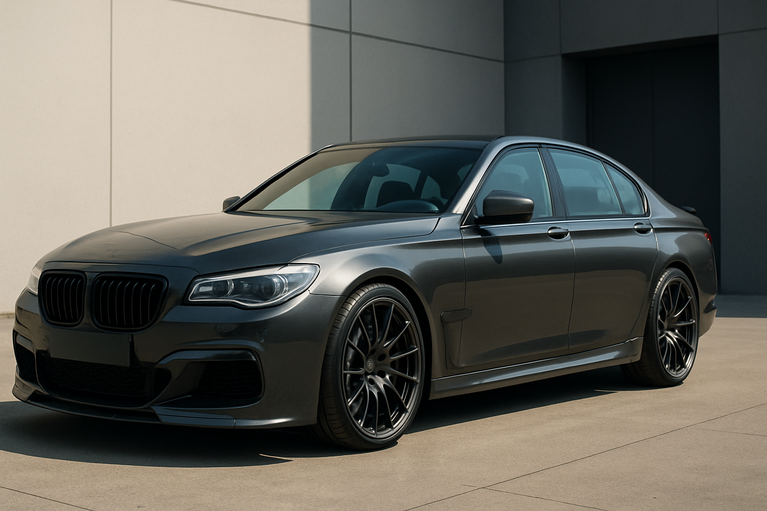 Sleek dark grey luxury sedan with black alloy wheels parked on pale concrete beside a modern building in sunlight