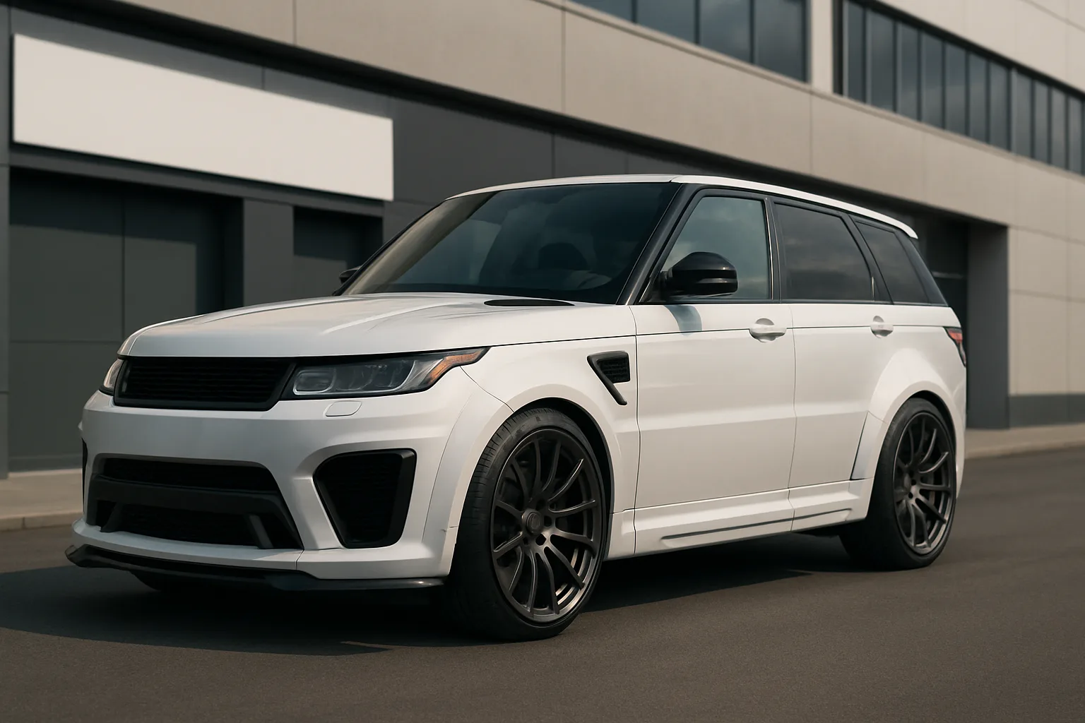 Sleek white SUV with black accents and large dark alloy wheels parked on a smooth road beside a modern building