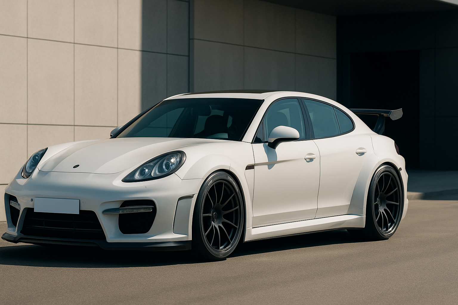Sleek white sports car with a wide body kit, large rear wing and black alloy wheels parked beside a modern building