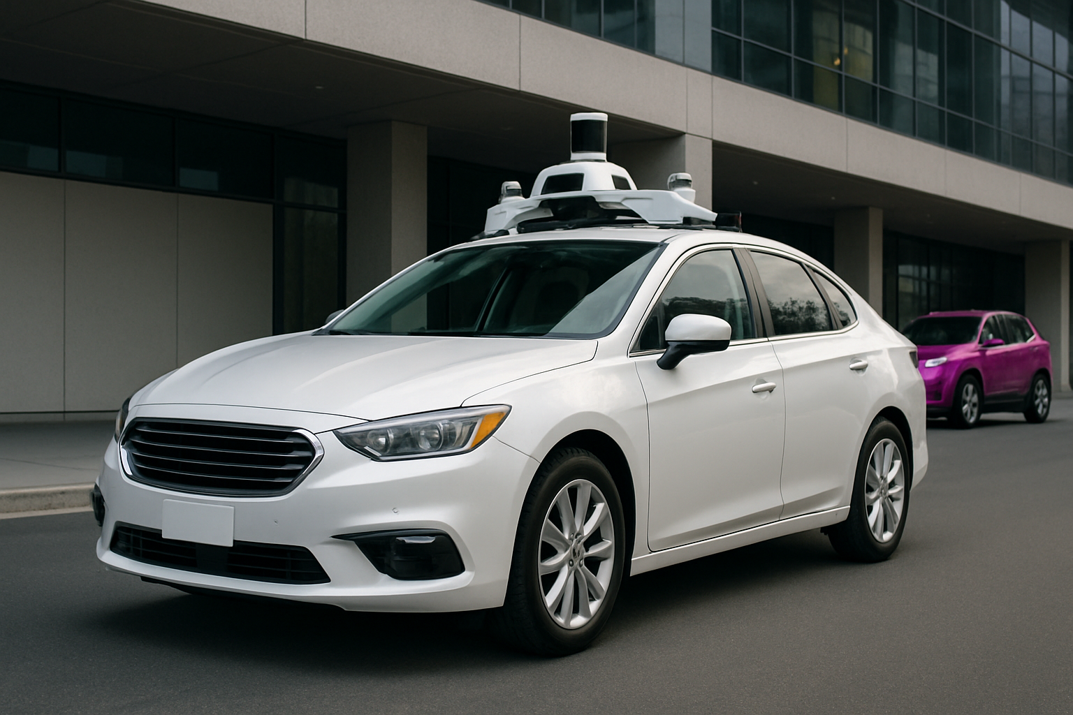 White sedan with a rooftop sensor array parked on a street beside a glass building, magenta car in the background