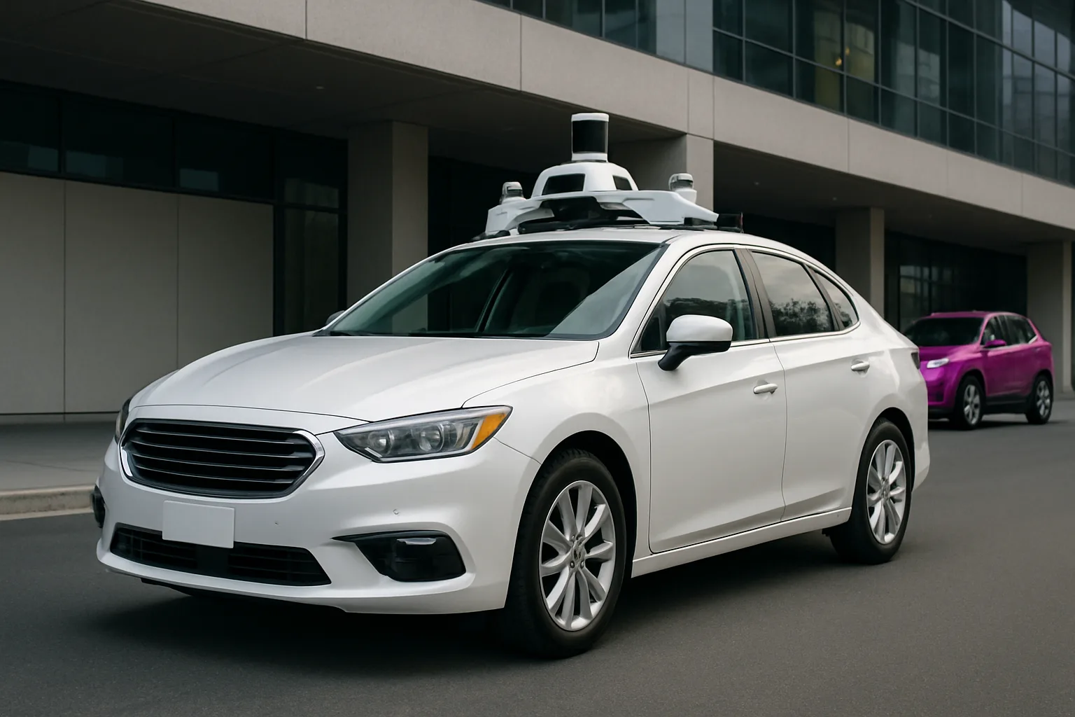 White sedan with a rooftop sensor array parked on a street beside a glass building, magenta car in the background