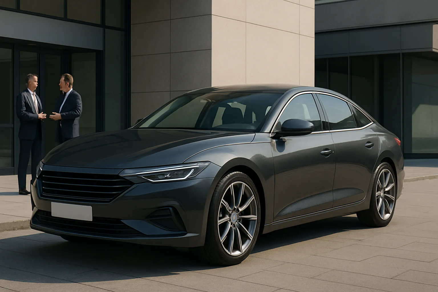 A sleek, dark grey sedan with smooth curves parked in sunlight outside a modern building, two men talking in the background