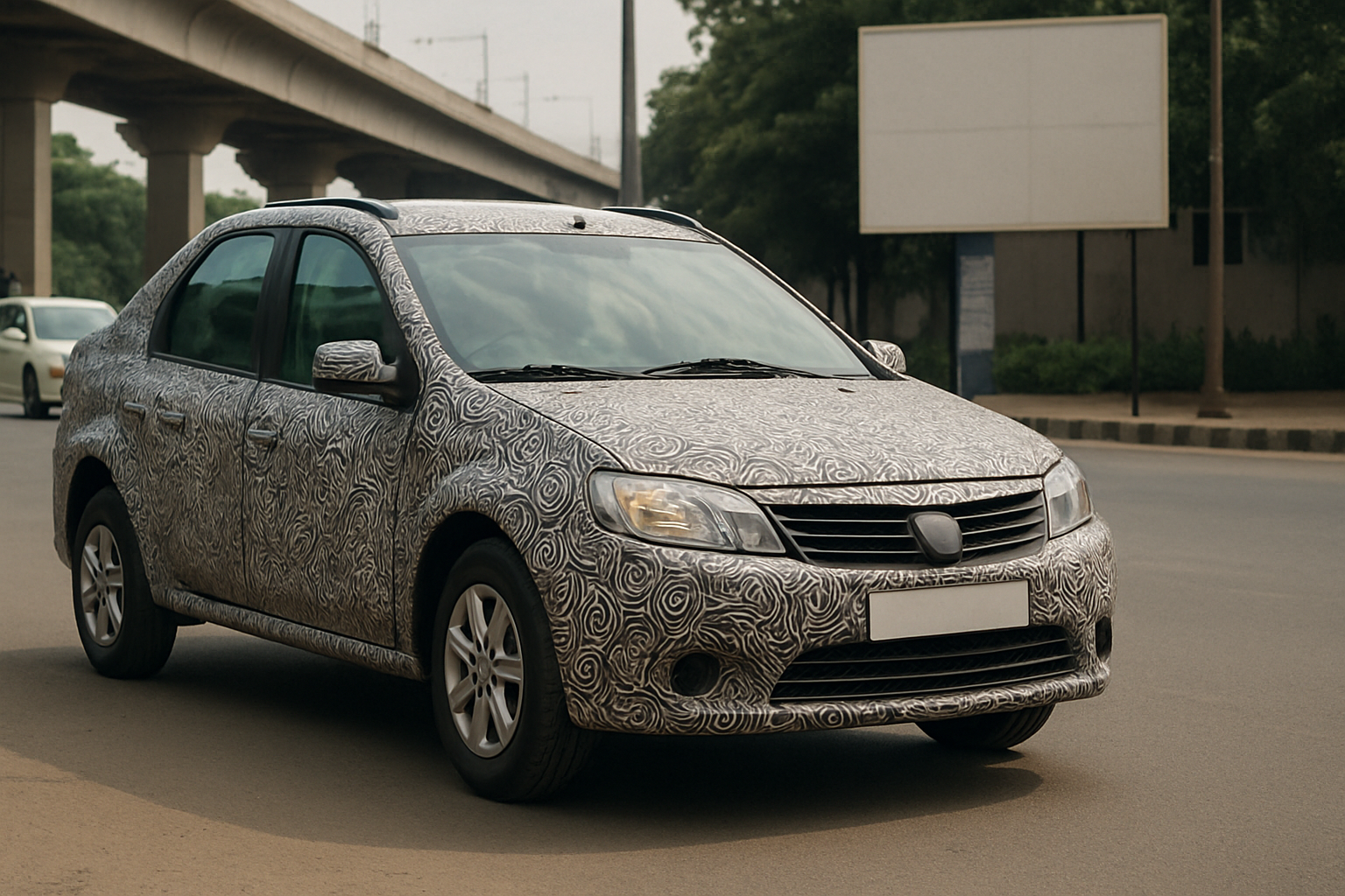 A compact sedan covered in swirling black-and-white camouflage wrap parked on a city street under overcast daylight