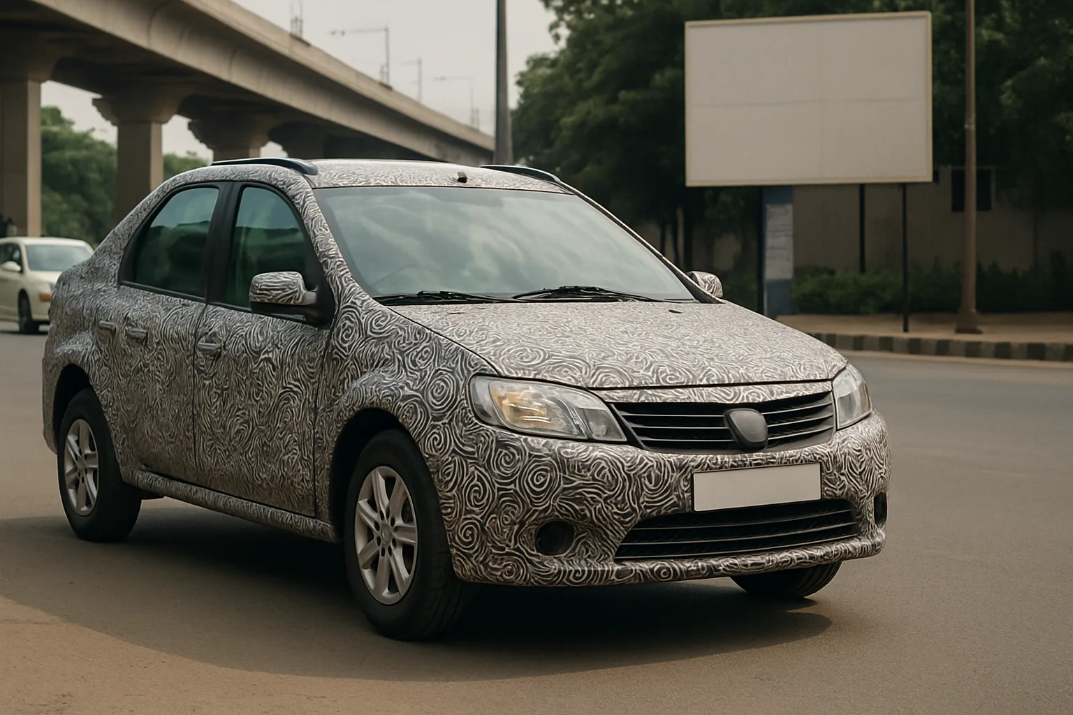 A compact sedan covered in swirling black-and-white camouflage wrap parked on a city street under overcast daylight