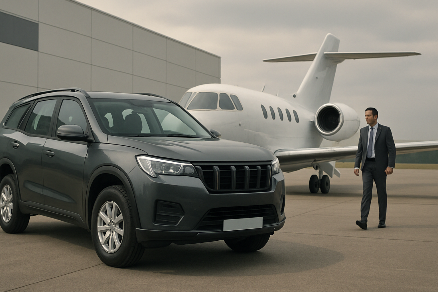 A man in a suit walks on an airport tarmac near a grey SUV and a white private jet under an overcast sky