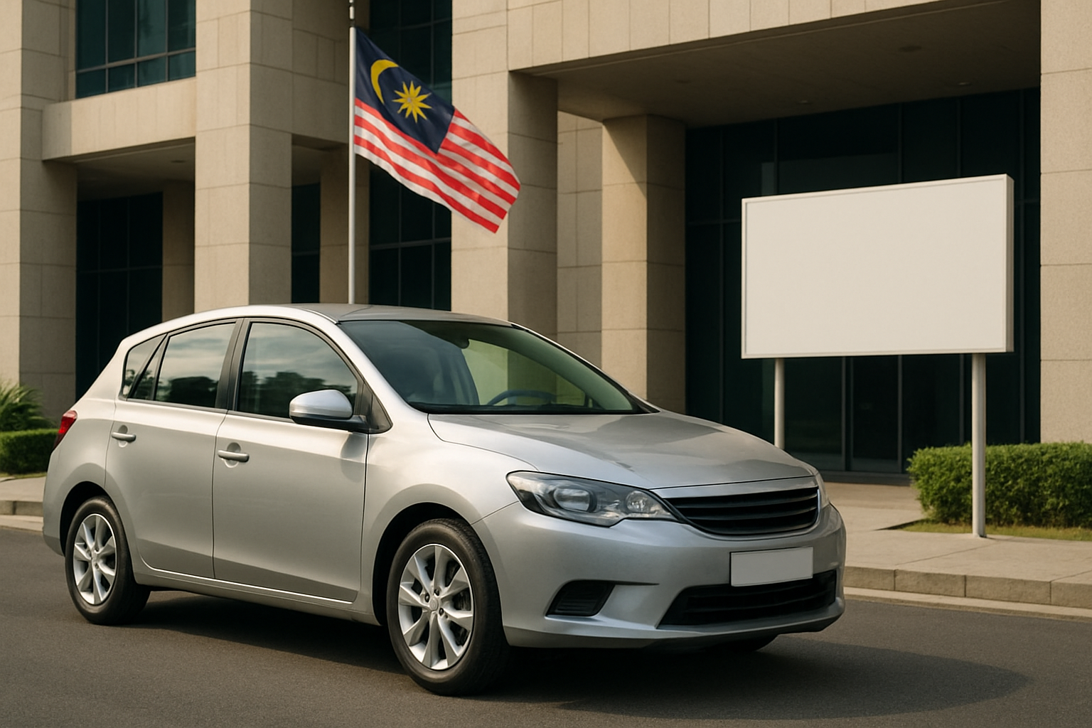 A silver hatchback parked on a road in front of a modern building with large windows and a Malaysian flag above the entrance