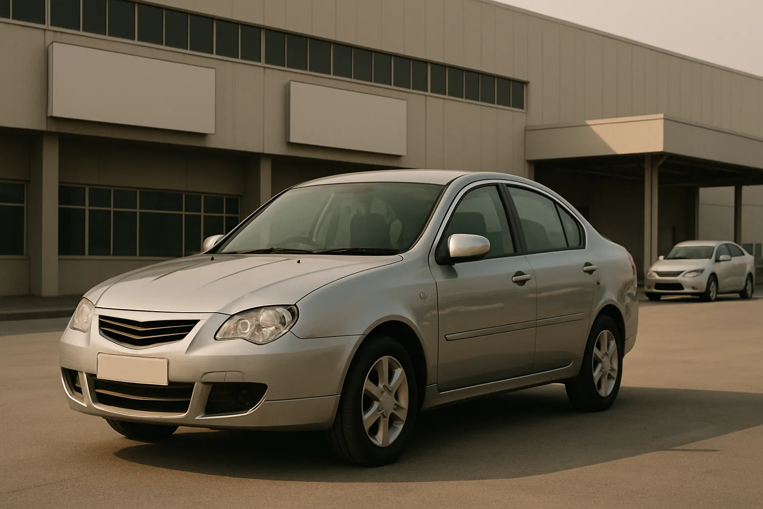 A silver sedan parked on an empty paved lot in front of a modern beige industrial building under soft daylight