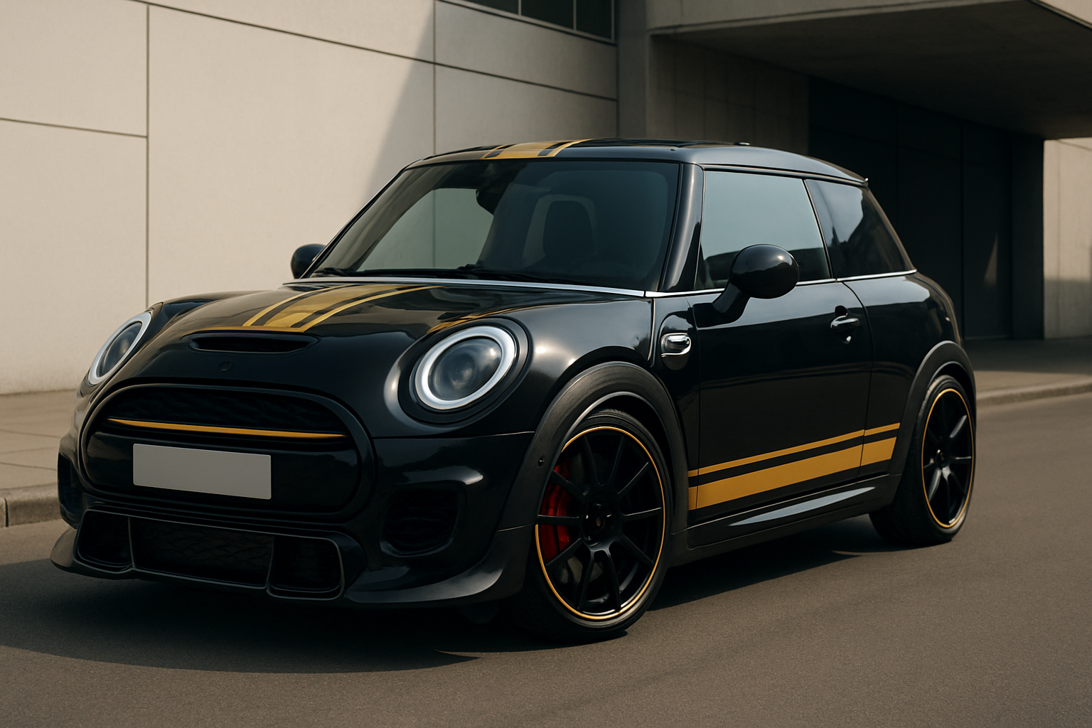 Compact black hatchback with gold racing stripes and trim parked on a street beside a modern concrete building