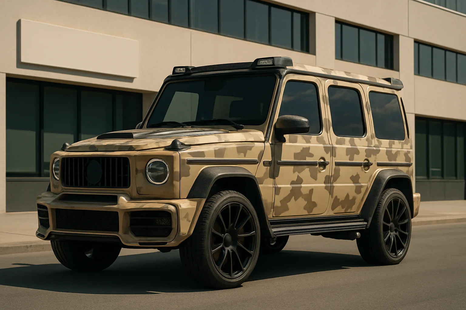 Boxy SUV with a matte tan and brown camouflage pattern, blacked-out grille, large black wheels and tinted windows on a city street