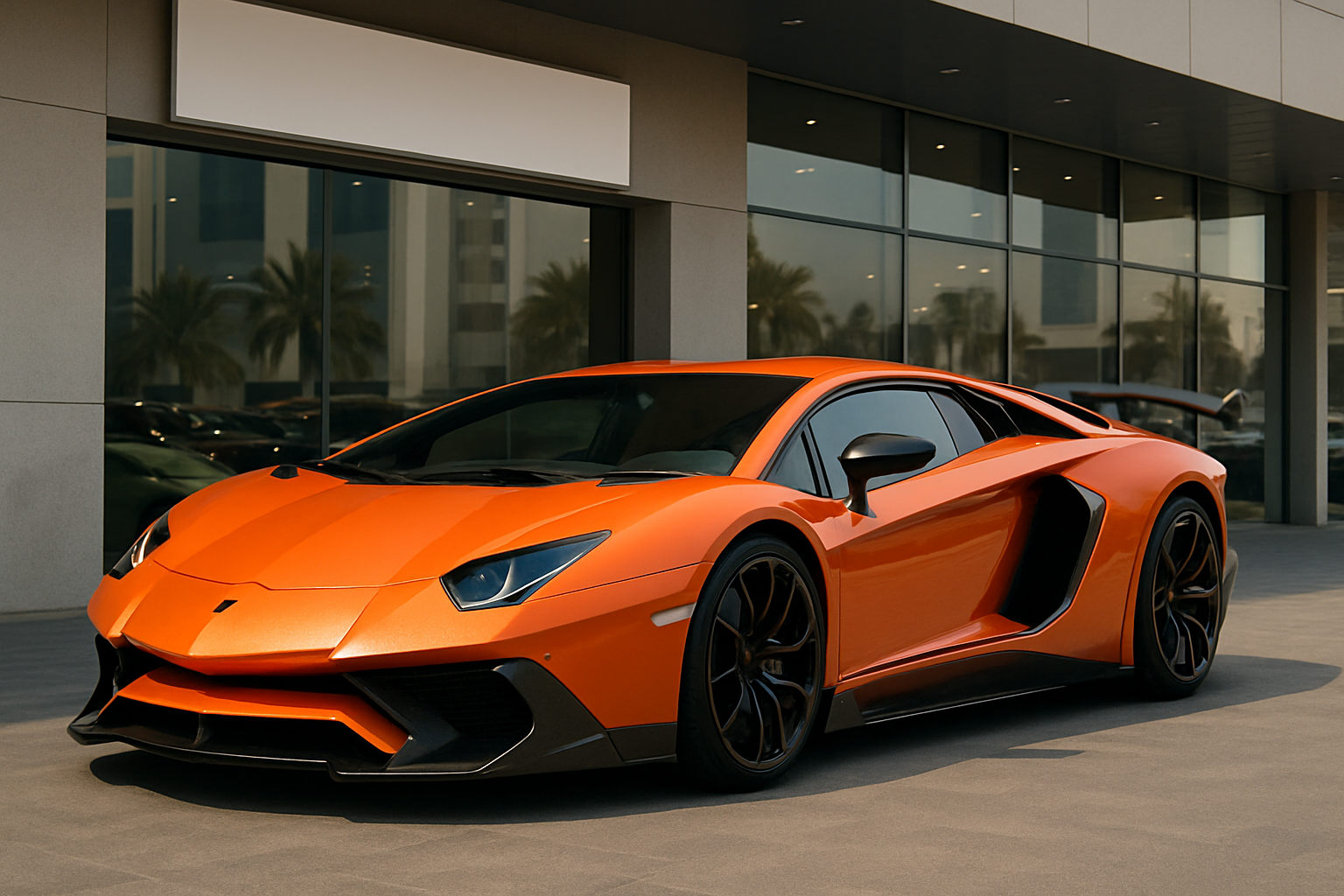 Low-slung, matte orange sports car with sharp angles and carbon accents parked outside a modern glass-fronted building