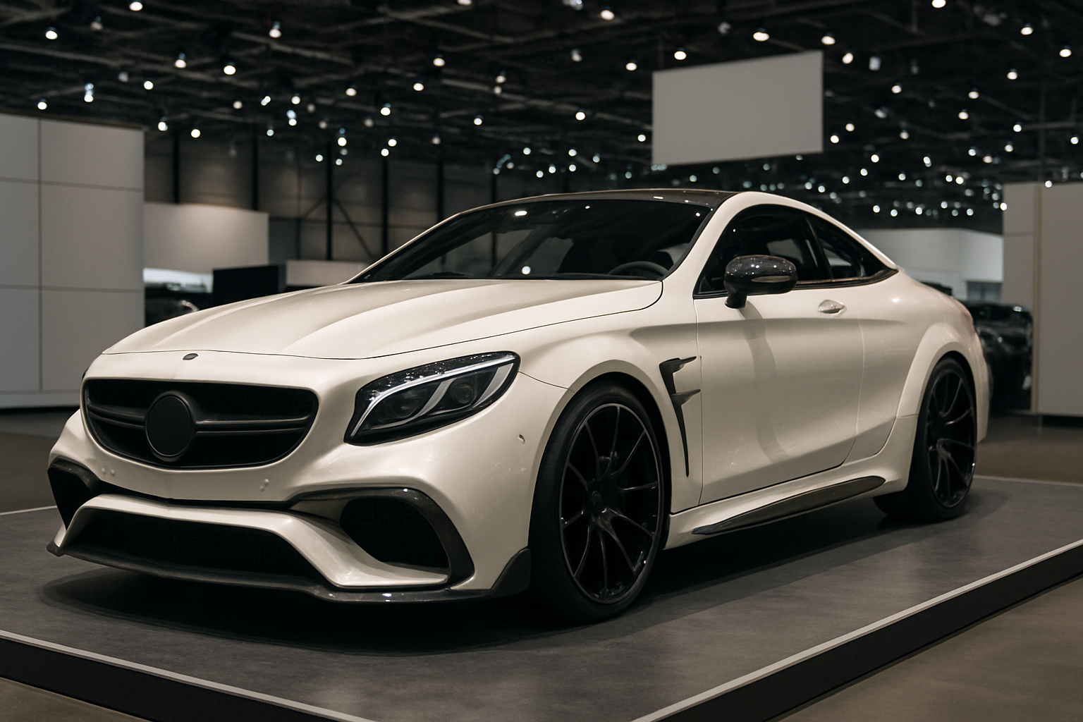 White luxury coupe with black wheels, tinted windows and carbon trim displayed on a raised platform under showroom lighting