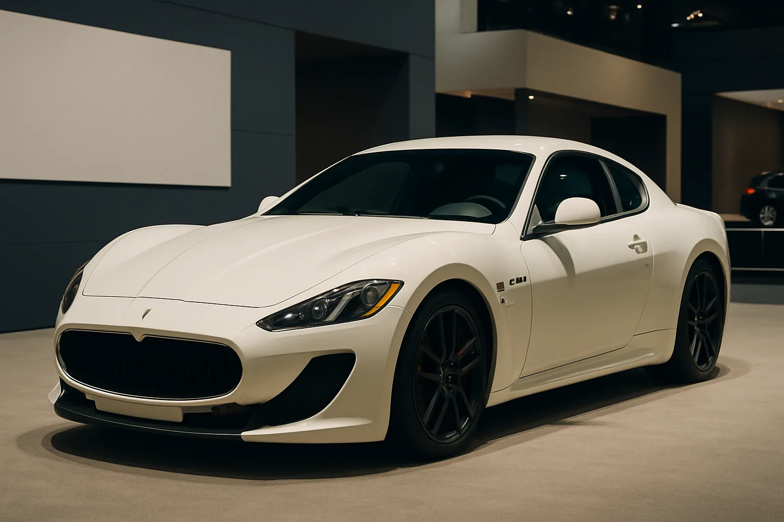 Sleek white sports coupé with black grille and alloy wheels under bright indoor lighting on a smooth beige floor