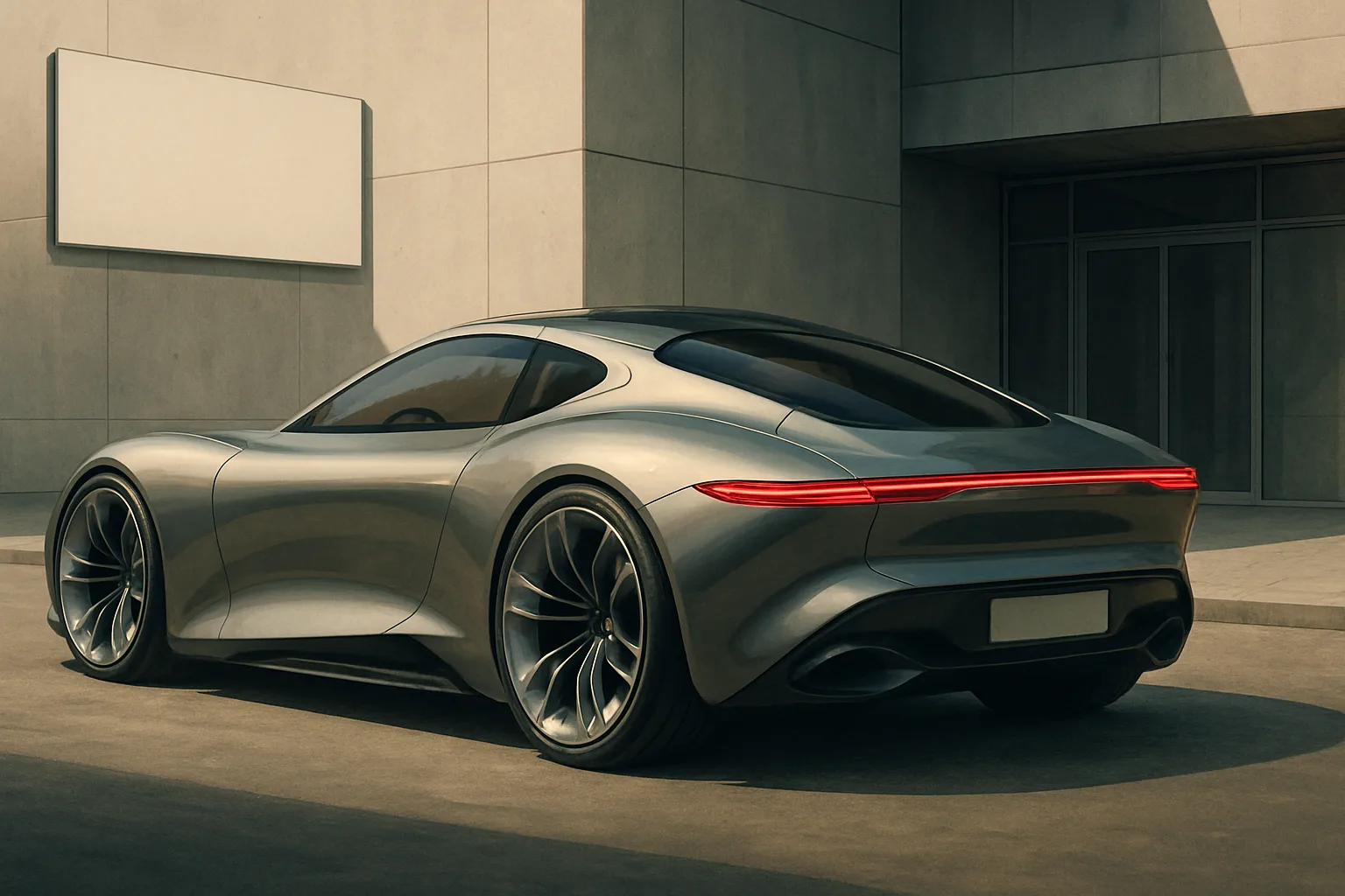 Futuristic silver coupe with smooth curves and slim red taillight parked by a modern concrete building in soft sunlight