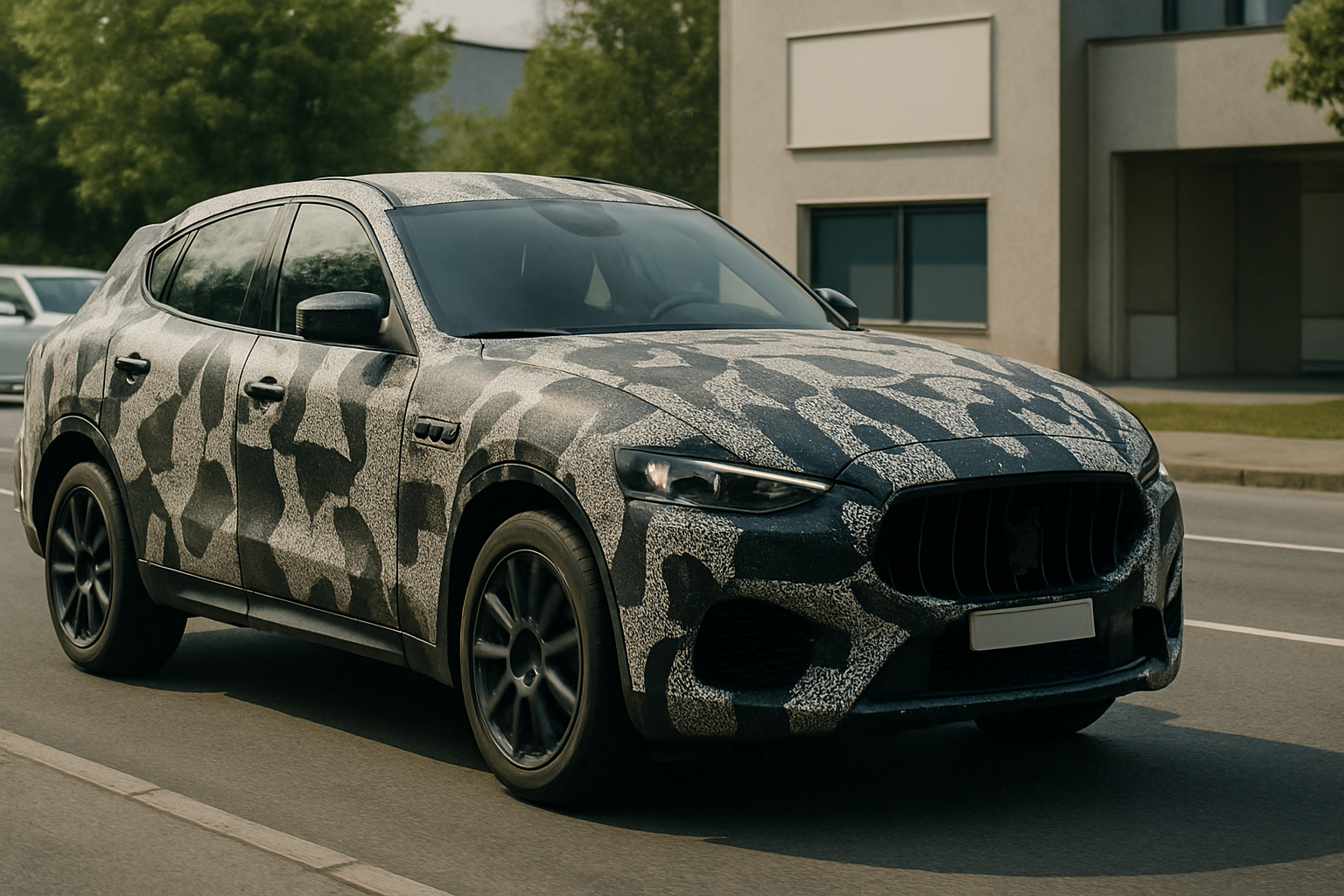 Camouflaged SUV with a black and grey patterned wrap driving on a sunlit street near modern buildings