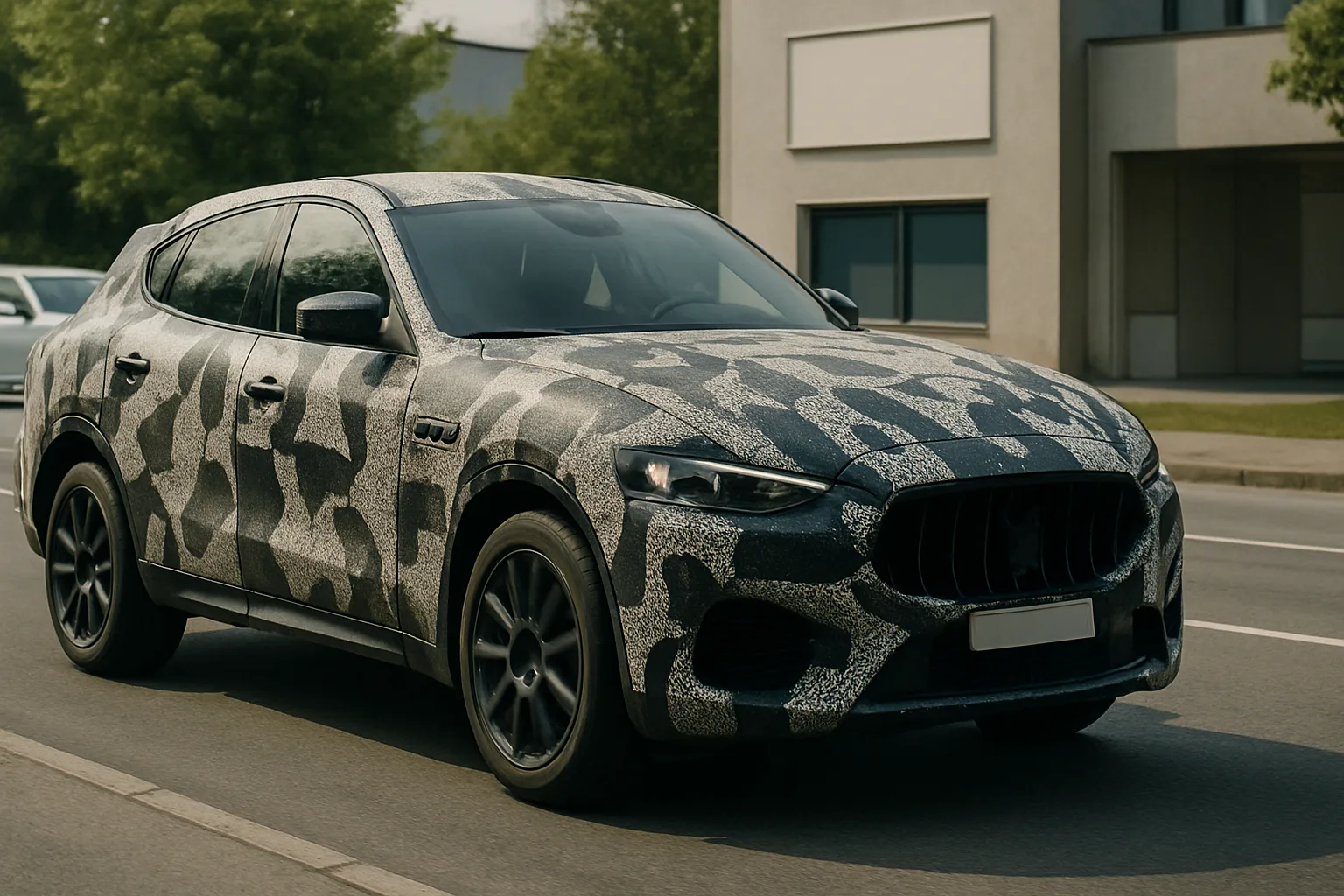 Camouflaged SUV with a black and grey patterned wrap driving on a sunlit street near modern buildings