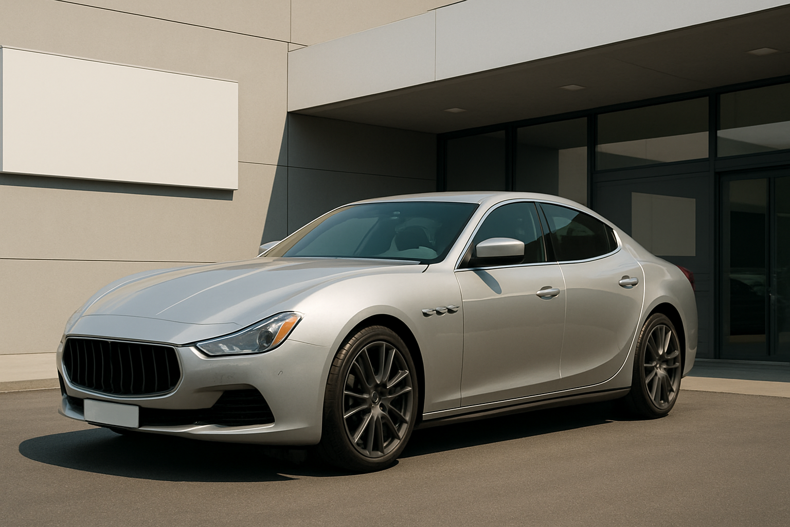 Sleek silver sports sedan parked in front of a modern beige building under soft daylight, with clean lines and sharp shadows