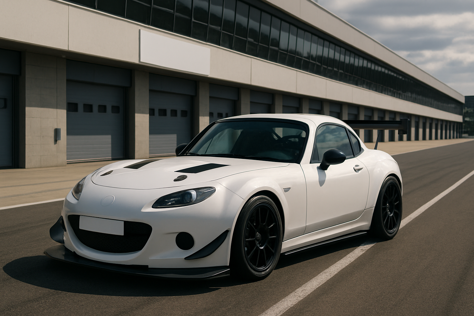 White sports coupe with black accents and aerodynamic body kit parked on an empty asphalt track beside a modern pit building