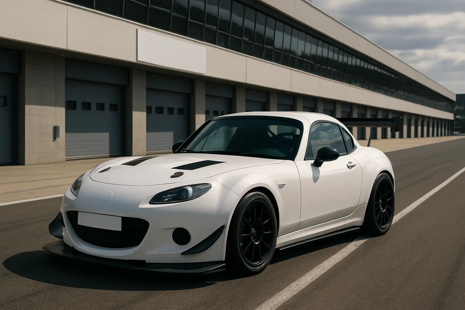 White sports coupe with black accents and aerodynamic body kit parked on an empty asphalt track beside a modern pit building