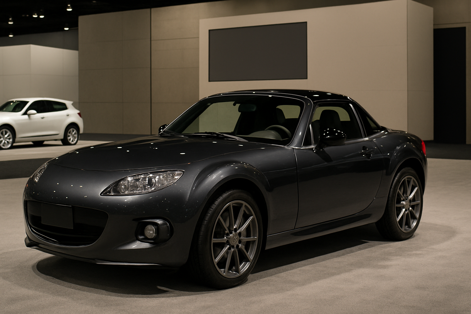 Glossy dark grey sports coupe with sculpted lines and alloy wheels displayed under soft indoor lighting on a beige carpet