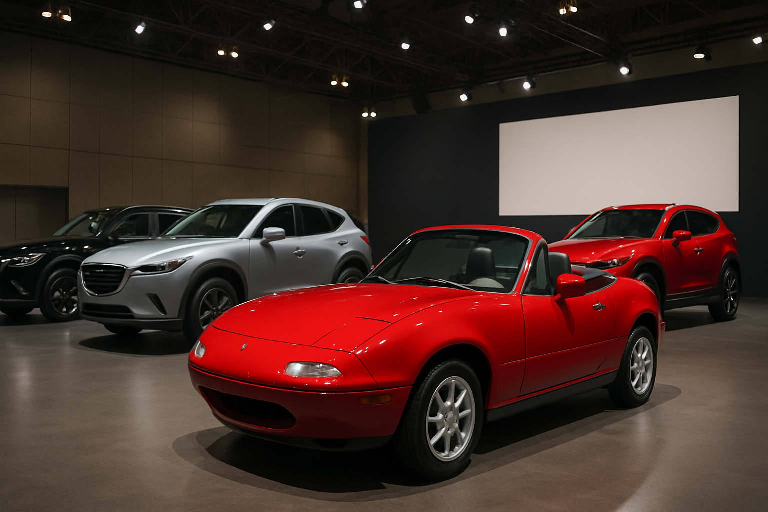 Brightly lit indoor space with a glossy red convertible coupe in front of two metallic grey and red SUVs on polished floor
