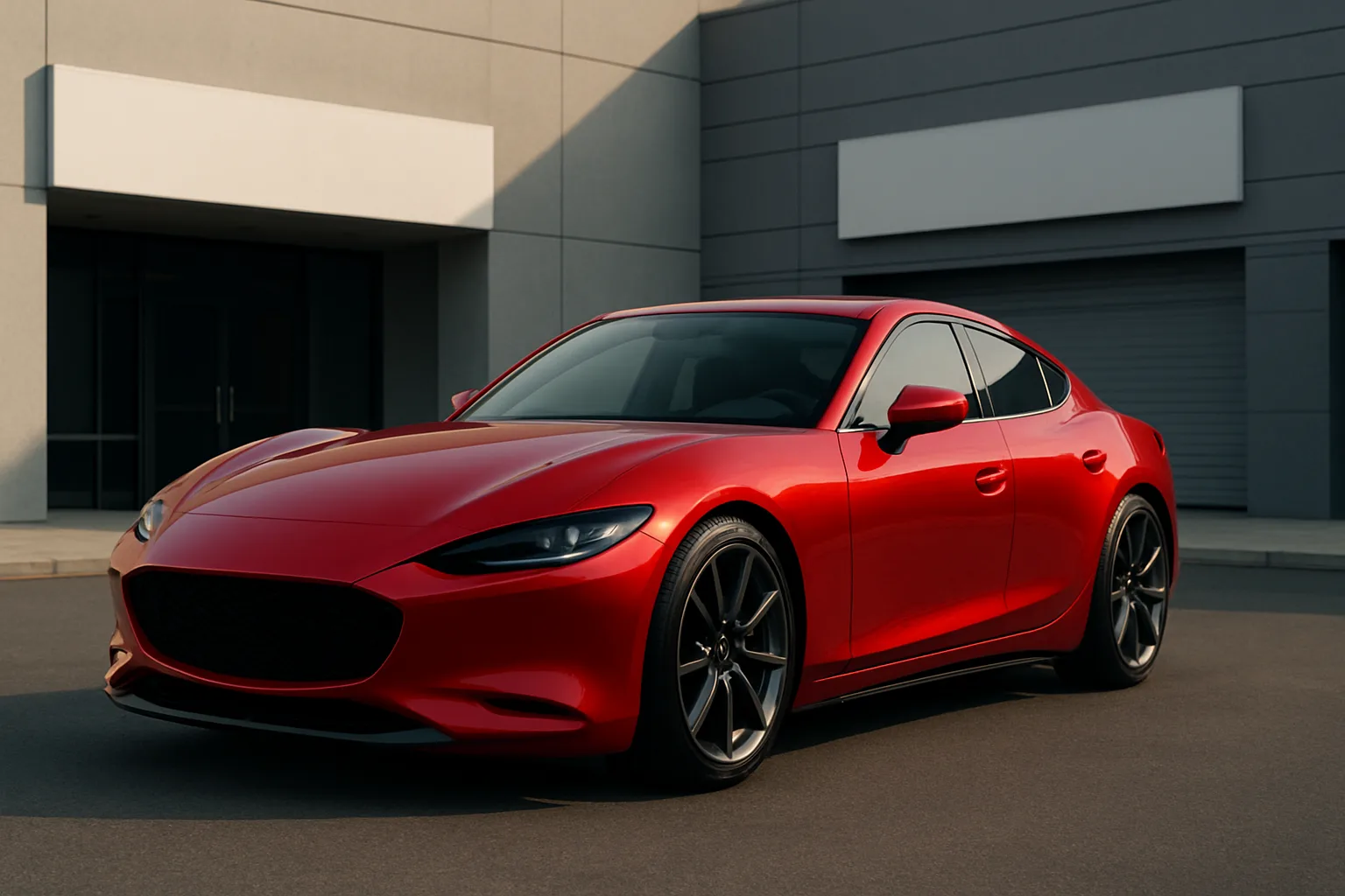 Sleek red sports coupe with black wheels parked on smooth asphalt in front of a modern grey industrial building