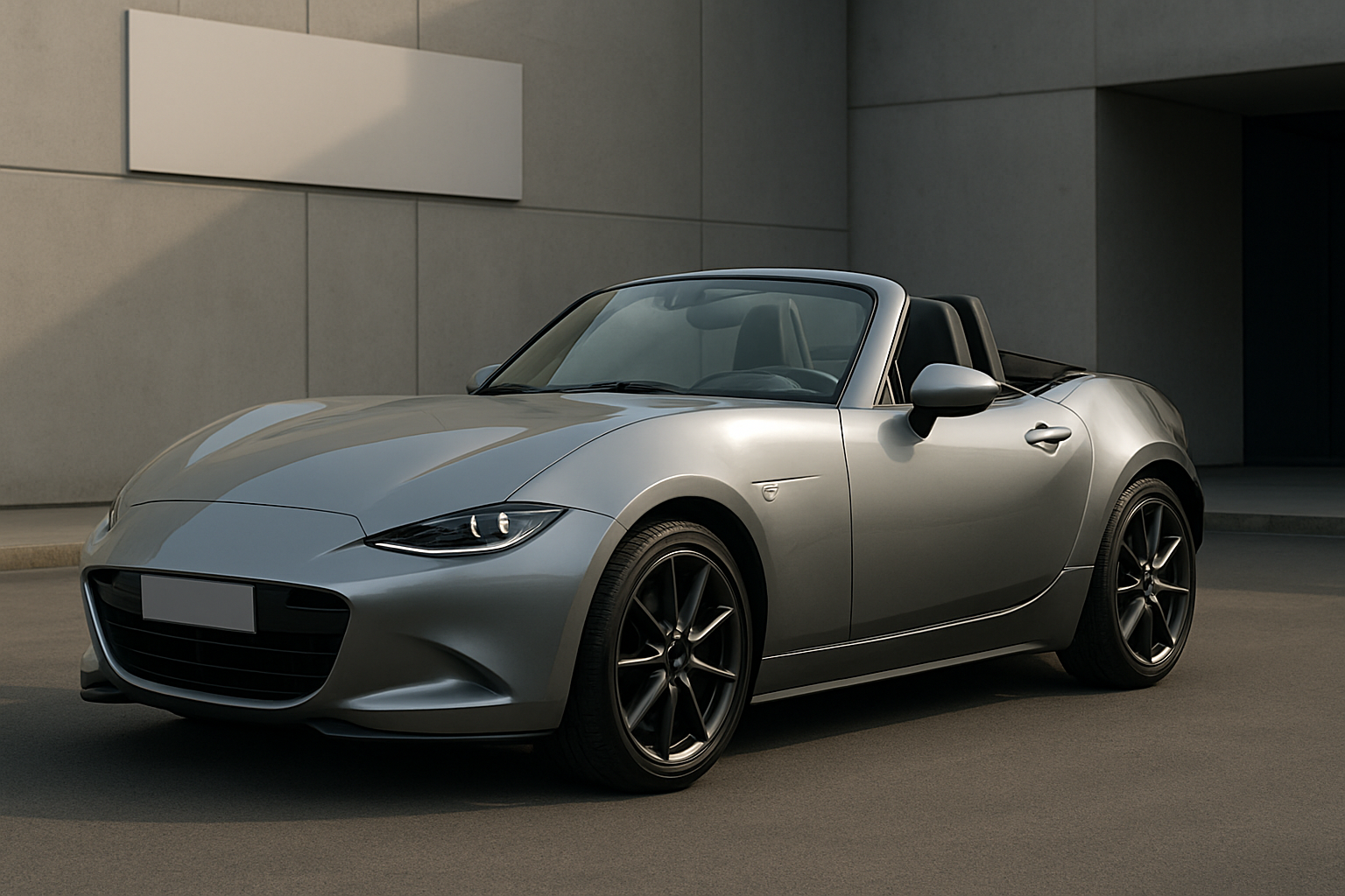 A sleek silver convertible with black wheels parked in front of a modern concrete building in soft daylight