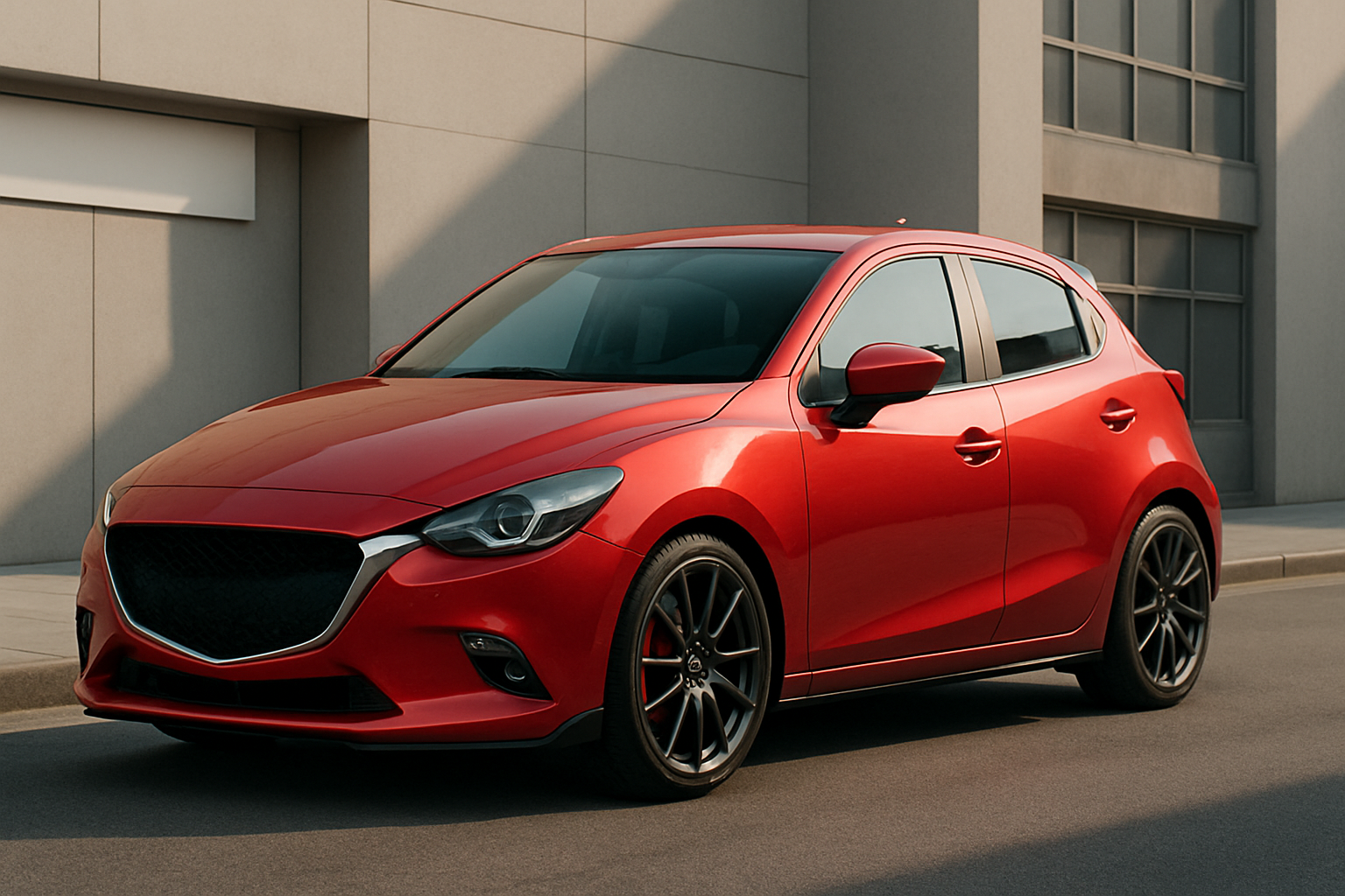 A glossy red hatchback with black alloy wheels parked on a city street beside concrete buildings in soft daylight
