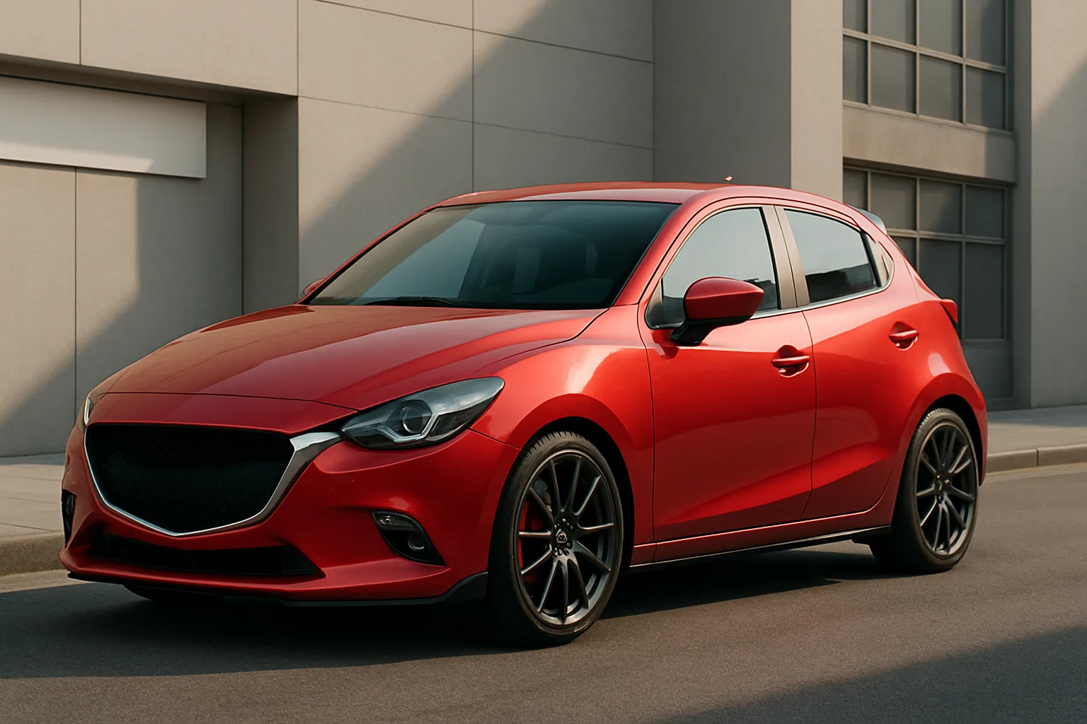 A glossy red hatchback with black alloy wheels parked on a city street beside concrete buildings in soft daylight