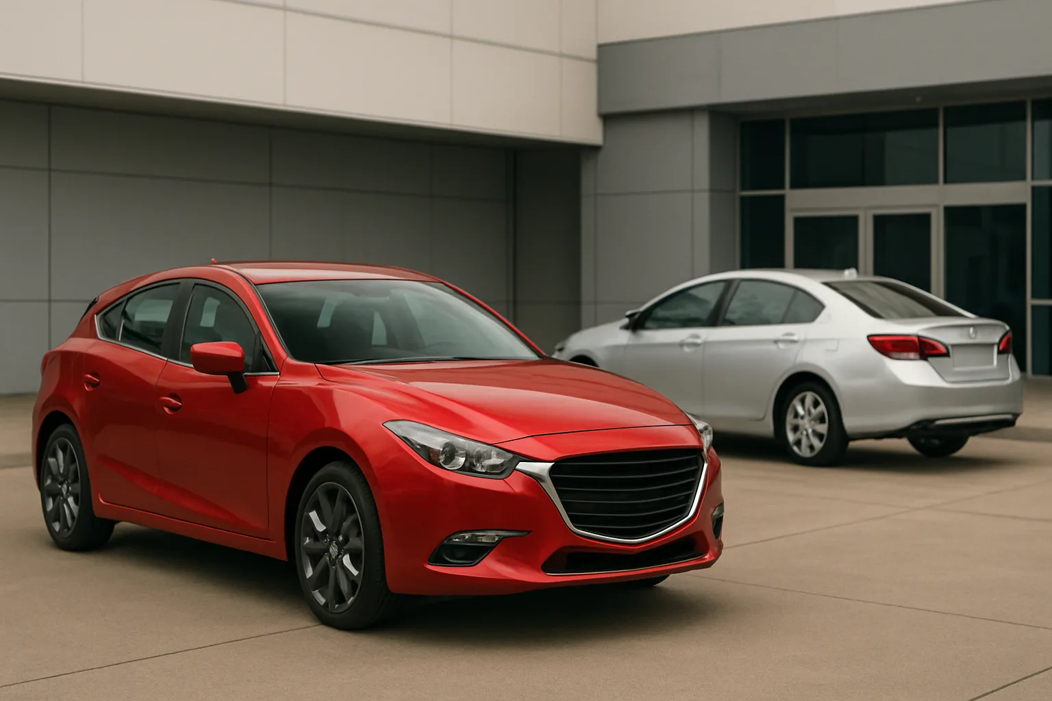 A red hatchback and a silver sedan parked on smooth tan concrete beside a modern building with grey panels and glass doors