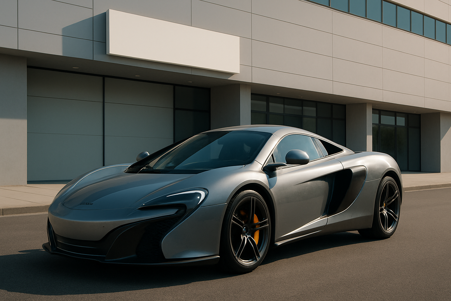 Low, angular silver sports car with dark tinted windows and bronze brake calipers parked beside a modern grey building