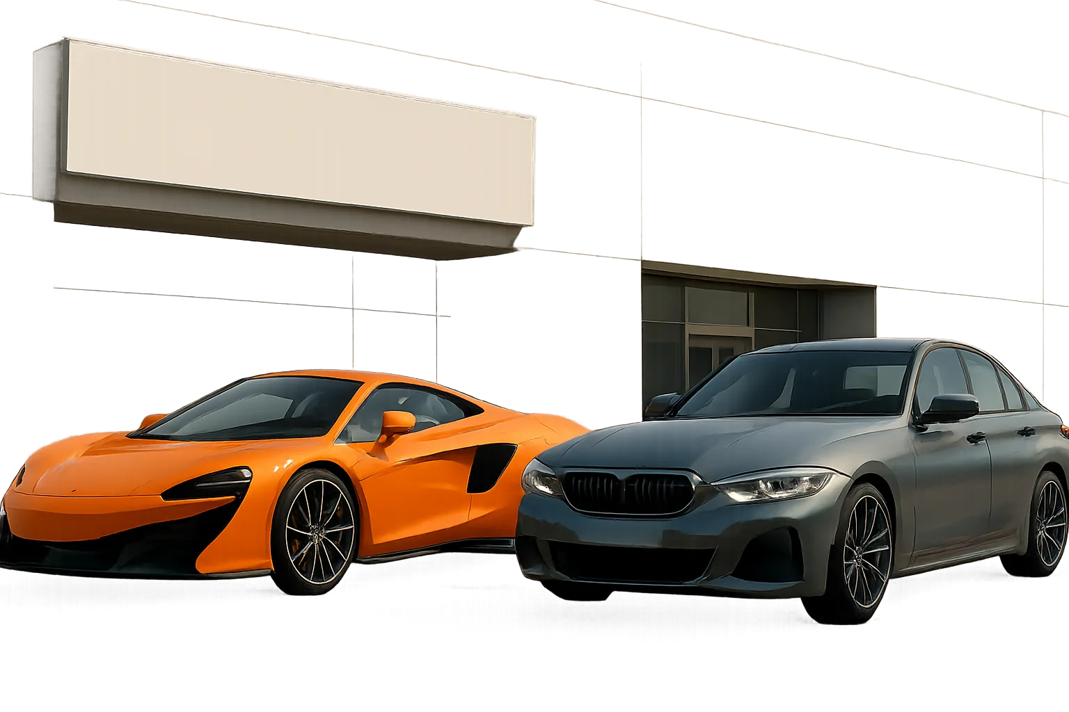 A low orange sports car and a metallic grey sedan side by side in front of a beige modern building