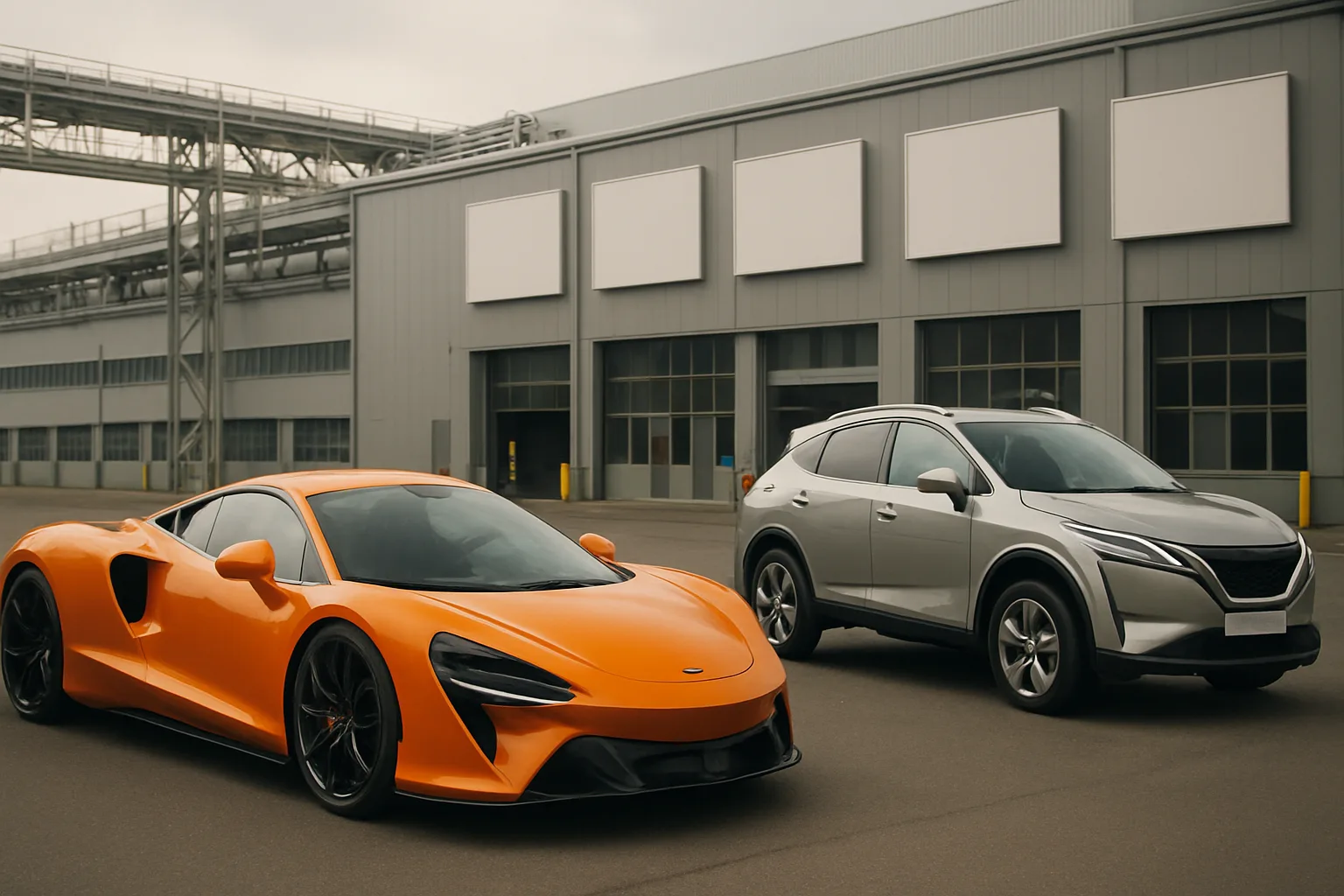 Two sleek, modern cars—one bright orange, one metallic silver—parked on tarmac in front of an industrial grey building