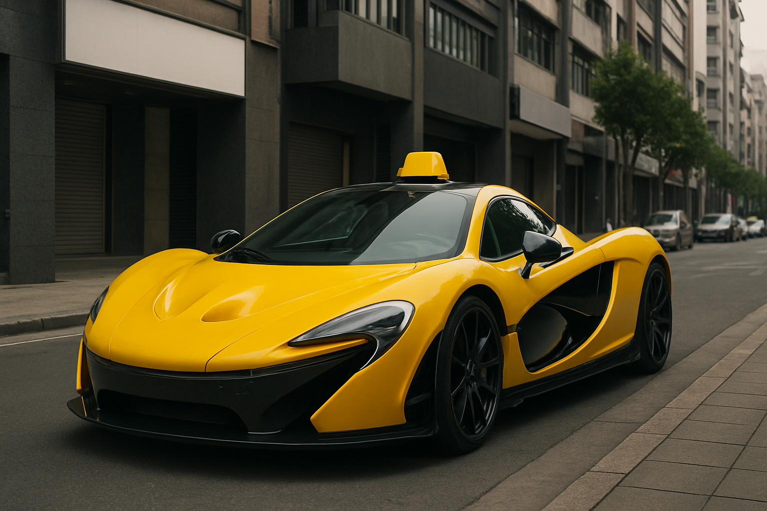 Bright yellow sports car with a taxi sign on the roof, parked on a quiet, modern city street lined with buildings