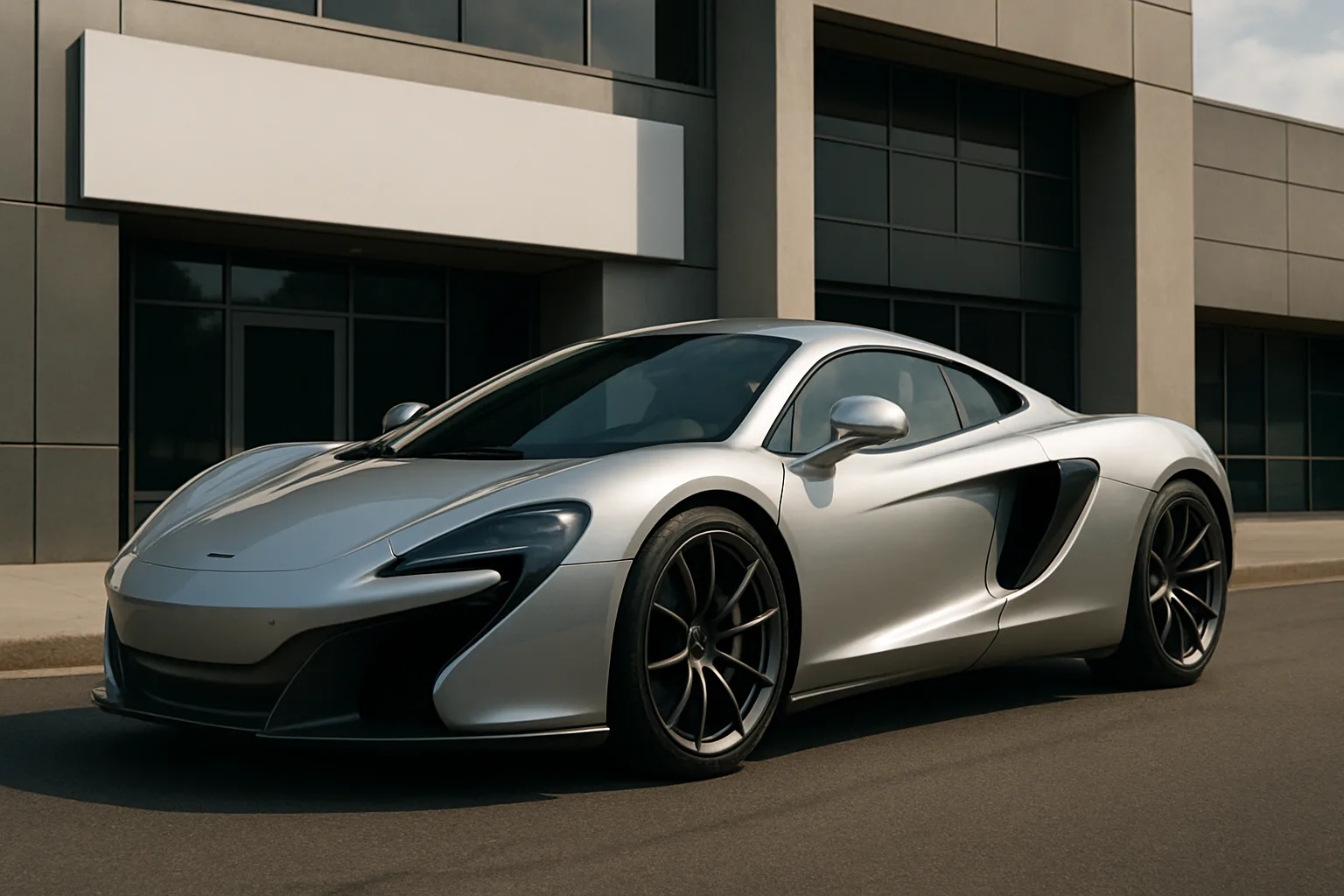 A sleek silver sports car with flowing curves and dark alloy wheels parked in front of a modern glass building
