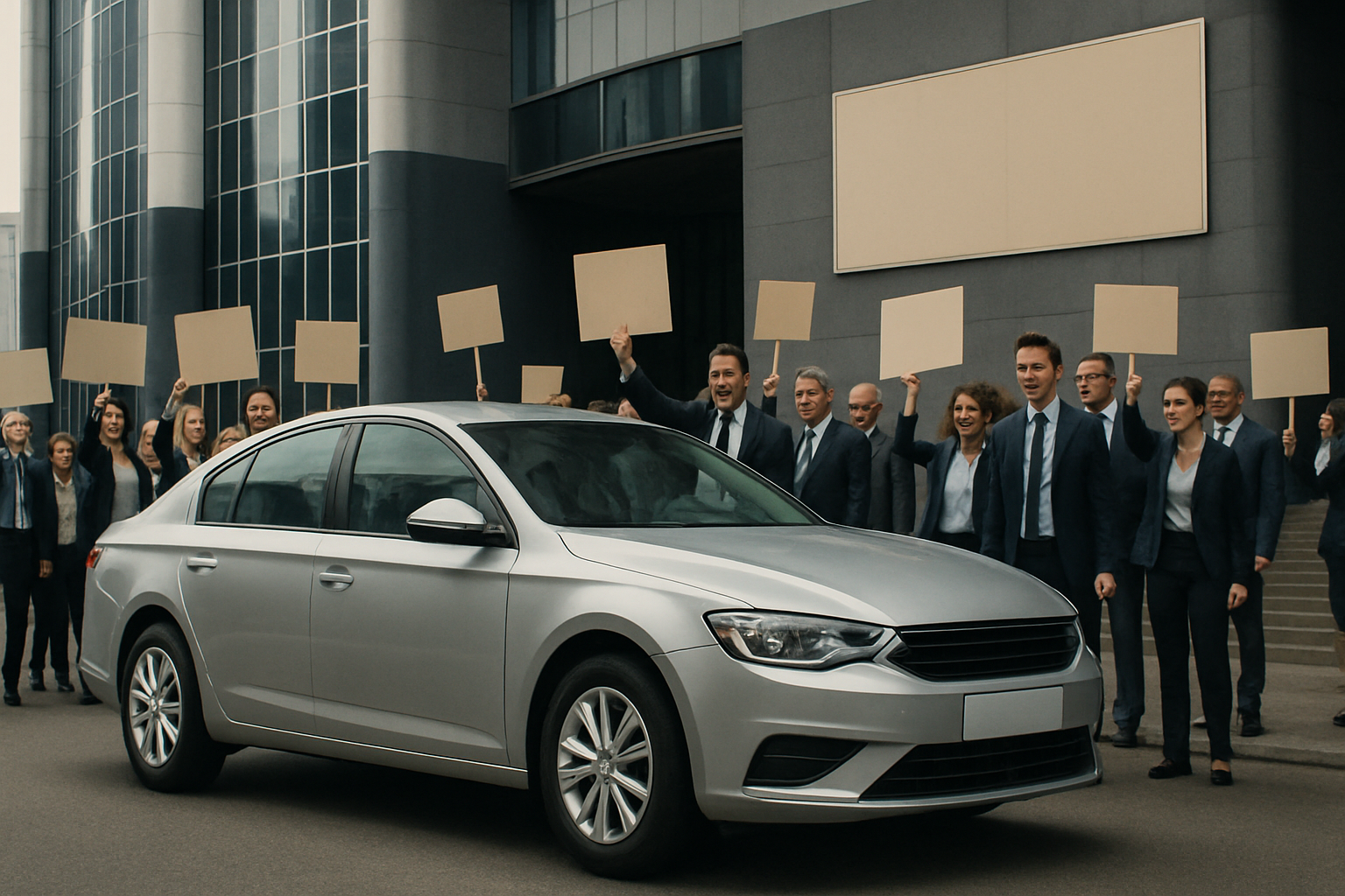 A group of people in formal clothing hold blank signs behind a parked silver sedan outside a modern office building