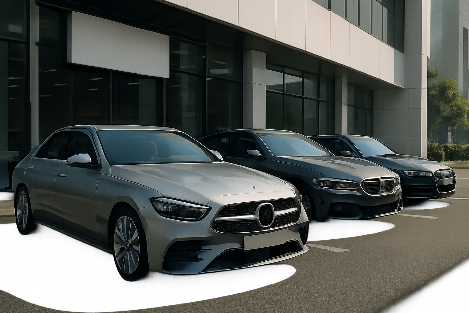 Three sleek, modern sedans with stylized grilles parked in front of a glass and concrete office building in daylight