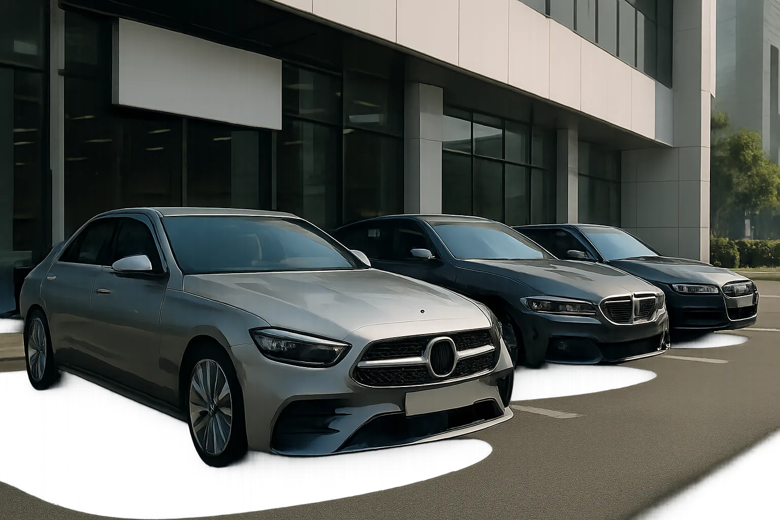 Three sleek, modern sedans with stylized grilles parked in front of a glass and concrete office building in daylight